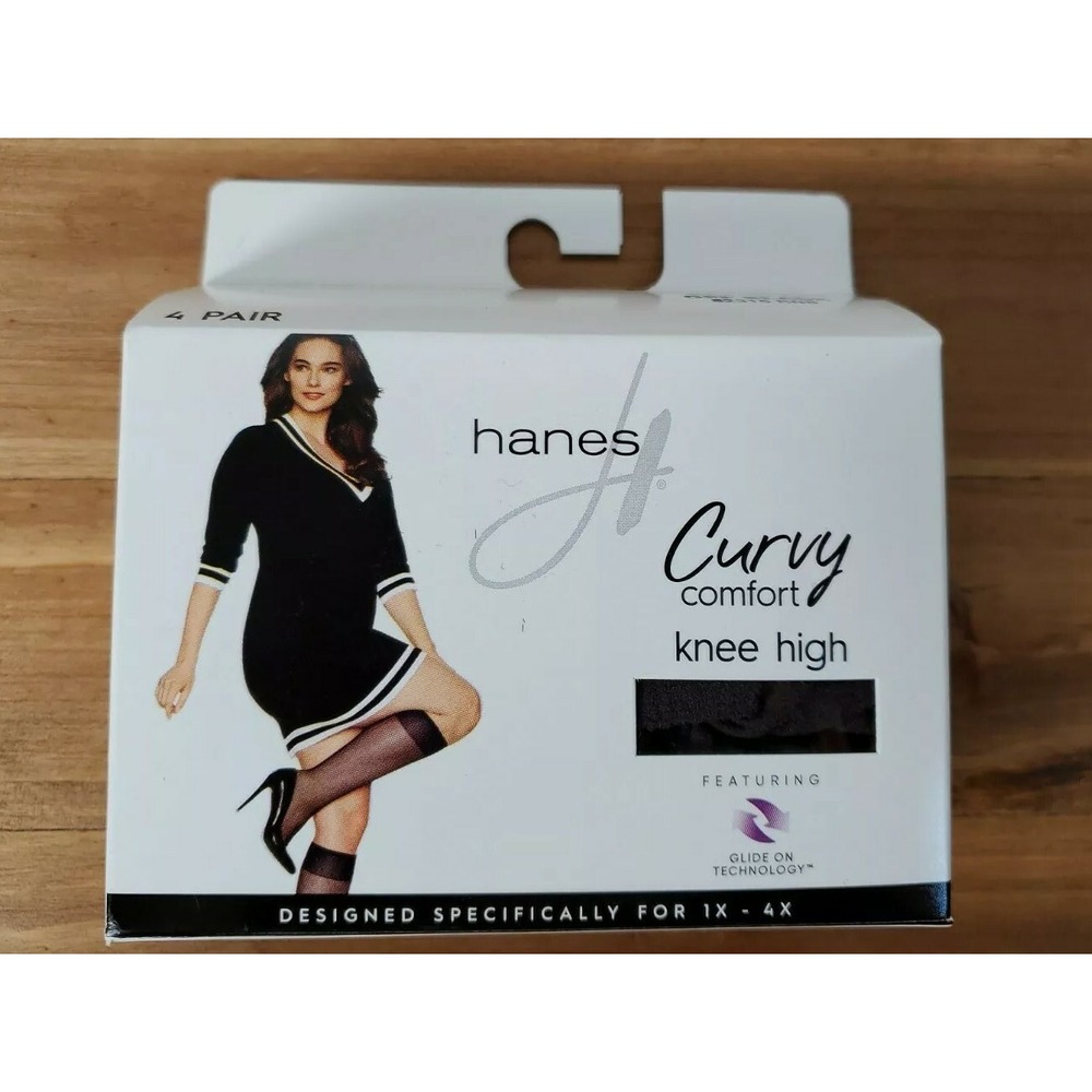 Hanes Curvy Comfort Knee High 4-Pairs One Size OFF BLACK Glide On Technology